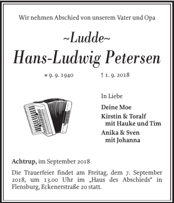 Traueranzeige von Hans-Ludwig Petersen von Nordfriesland Tageblatt