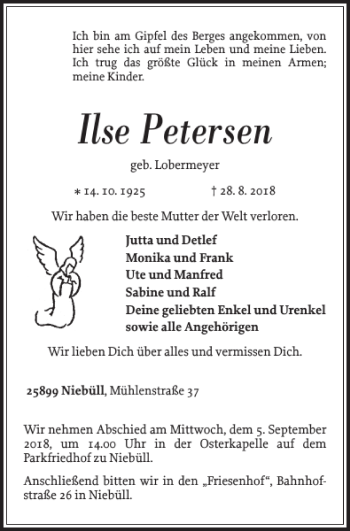 Traueranzeige von Ilse Petersen von Nordfriesland Tageblatt