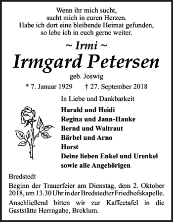 Traueranzeige von Irmgard Petersen von Husumer Nachrichten