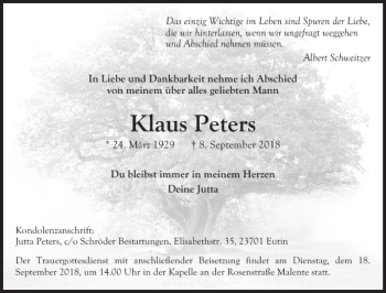 Traueranzeige von Klaus Peters von Ostholsteiner Anzeiger