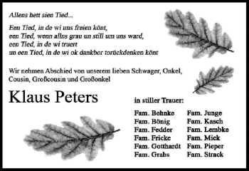 Traueranzeige von Klaus Peters von Ostholsteiner Anzeiger