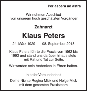 Traueranzeige von Klaus Peters von Ostholsteiner Anzeiger