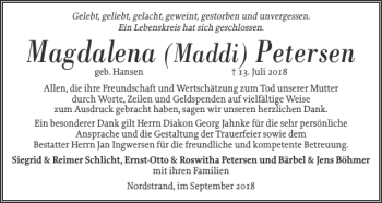 Traueranzeige von Magdalena Petersen von Husumer Nachrichten
