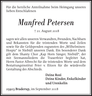 Traueranzeige von Manfred Petersen von Nordfriesland Tageblatt