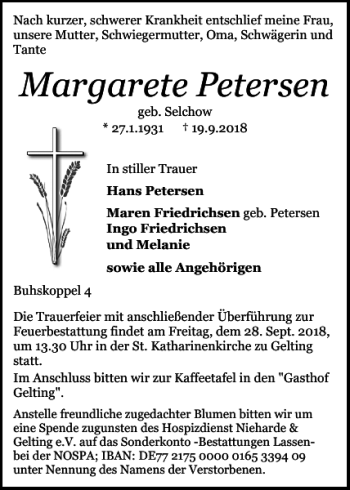 Traueranzeige von Margarete Petersen von Schlei-Bote