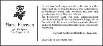 Traueranzeige von Marie Petersen von Husumer Nachrichten