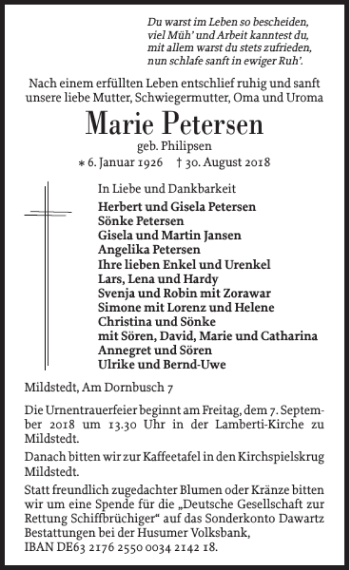 Traueranzeige von Marie Petersen von Husumer Nachrichten