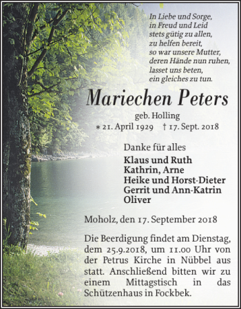 Traueranzeige von Mariechen Peters von Landeszeitung