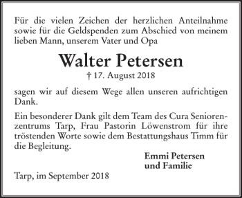 Traueranzeige von Walter Petersen von Flensburger Tageblatt