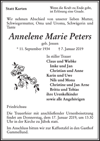 Traueranzeige von Annelene Marie Peters von Flensburger Tageblatt