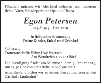 Traueranzeige von Egon Petersen von Schleswiger Nachrichten