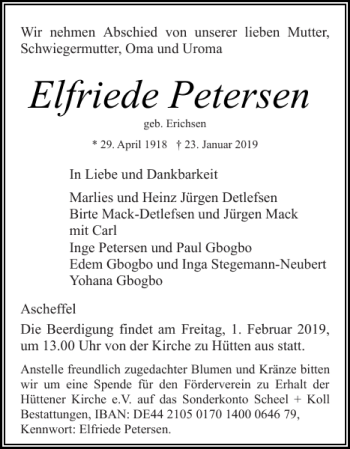 Traueranzeige von Elfriede Petersen von Eckernförder Zeitung