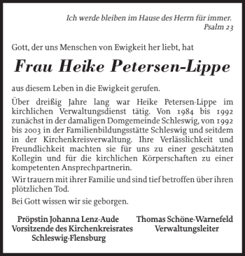 Traueranzeige von Frau Heike Petersen-Lippe von Schleswiger Nachrichten