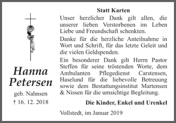 Traueranzeige von Hanna Petersen von Husumer Nachrichten