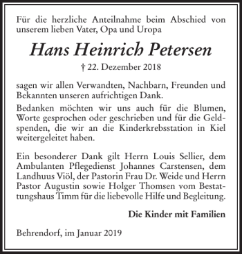 Traueranzeige von Hans Heinrich Petersen von Flensburger Tageblatt