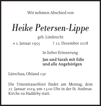 Traueranzeige von Heike Petersen-Lippe von Schleswiger Nachrichten