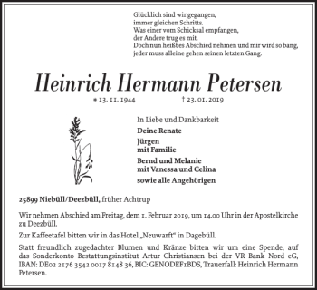 Traueranzeige von Heinrich Hermann Petersen von Nordfriesland Tageblatt