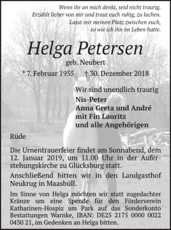 Traueranzeige von Helga Petersen von Flensburger Tageblatt