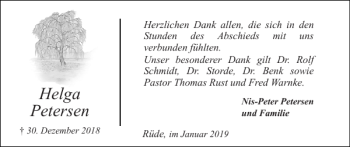 Traueranzeige von Helga Petersen von Flensburger Tageblatt