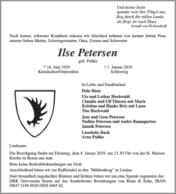 Traueranzeige von Ilse Petersen von Schleswiger Nachrichten