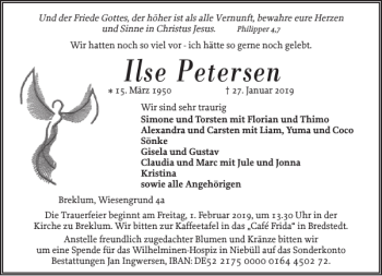 Traueranzeige von Ilse Petersen von Flensburger Tageblatt