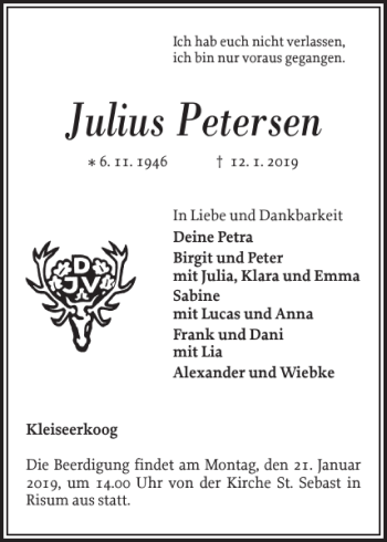 Traueranzeige von Julius Petersen von Nordfriesland Tageblatt