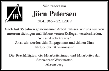 Traueranzeige von Jörn Petersen von Stormarner Tageblatt
