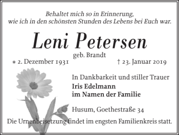 Traueranzeige von Leni Petersen von Husumer Nachrichten