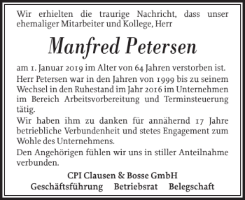 Traueranzeige von Manfred Petersen von Nordfriesland Tageblatt