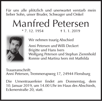 Traueranzeige von Manfred Petersen von Flensburger Tageblatt