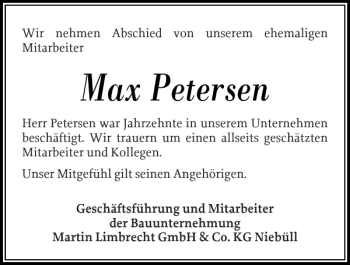 Traueranzeige von Max Petersen von Husumer Nachrichten