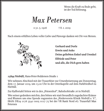 Traueranzeige von Max Petersen von Husumer Nachrichten