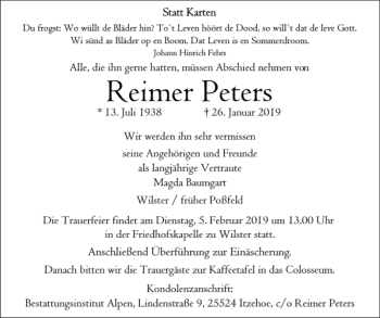 Traueranzeige von Reimer Peters von Norddeutsche Rundschau
