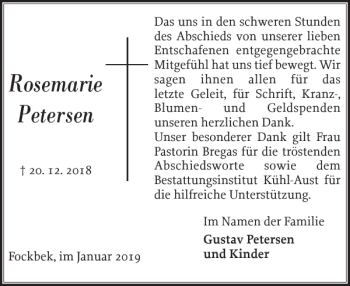 Traueranzeige von Rosemarie Petersen von Landeszeitung