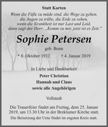 Traueranzeige von Sophie Petersen von Husumer Nachrichten