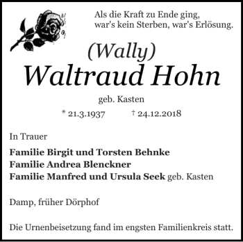 Traueranzeige von Waltraud Hohn von Schlei-Bote