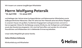 Traueranzeige von Wolfgang Petersik von Schleswiger Nachrichten