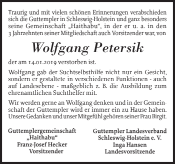 Traueranzeige von Wolfgang Petersik von Schleswiger Nachrichten