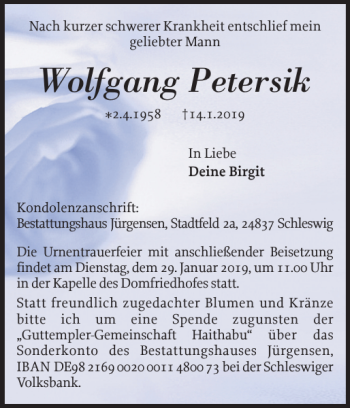 Traueranzeige von Wolfgang Petersik von Schleswiger Nachrichten