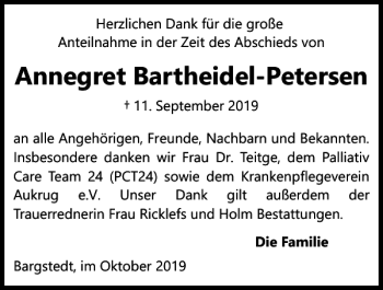 Traueranzeige von Annegret Bartheidel-Petersen von Landeszeitung