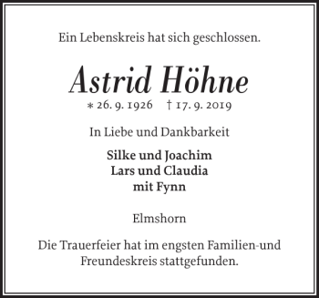 Traueranzeige von Astrid Höhne von Elmshorner Nachrichten