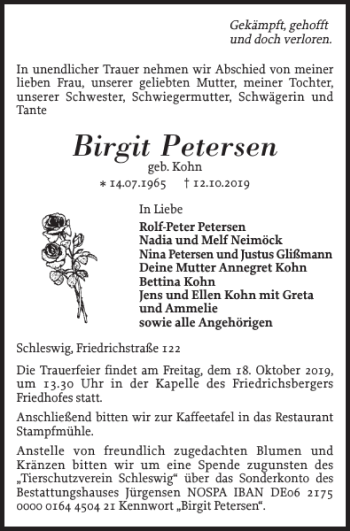 Traueranzeige von Birgit Petersen von Schleswiger Nachrichten