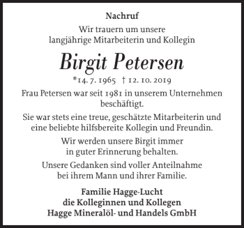 Traueranzeige von Birgit Petersen von Schleswiger Nachrichten
