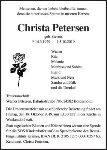 Traueranzeige von Christa Petersen von Holsteinischer Courier