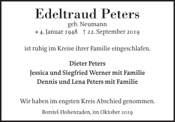 Traueranzeige von Edeltraud Peters von Pinneberger Tageblatt