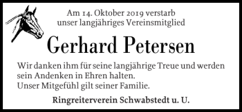 Traueranzeige von Gerhard Petersen von Husumer Nachrichten