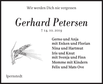Traueranzeige von Gerhard Petersen von Husumer Nachrichten