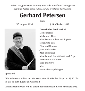 Traueranzeige von Gerhard Petersen von Husumer Nachrichten