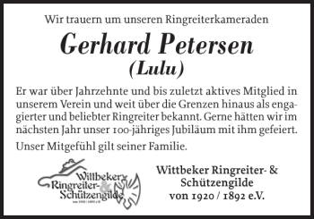 Traueranzeige von Gerhard Petersen von Husumer Nachrichten