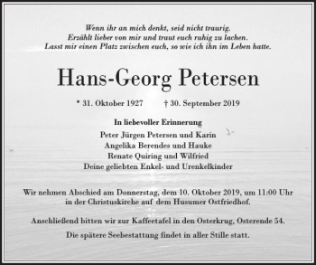 Traueranzeige von Hans-Georg Petersen von Husumer Nachrichten